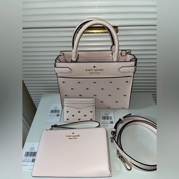 Kate Space Staci Heart Studded Satchel Bag with Cardholder and Wristlet - Picture 1 of 16